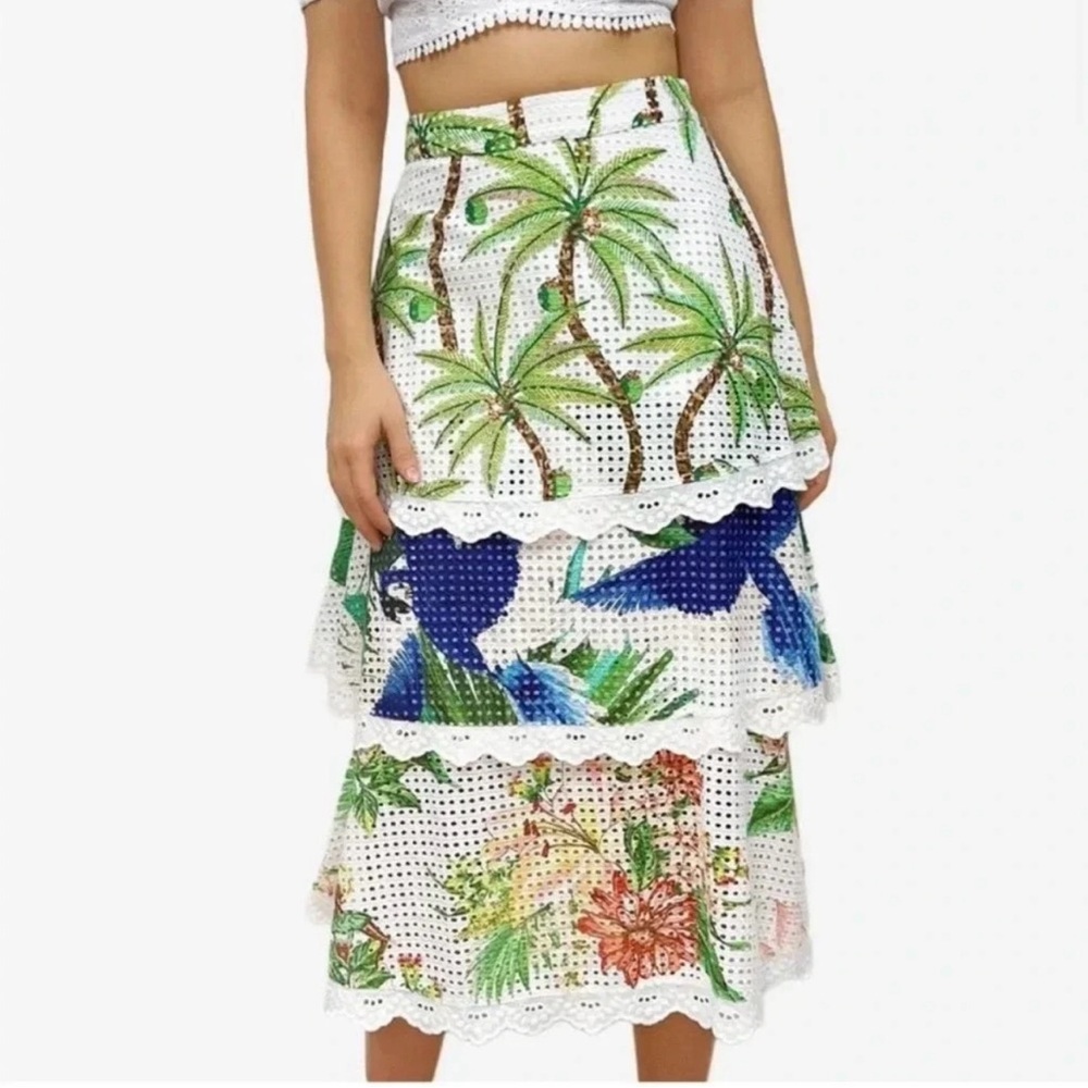 Farm Rio Womens Small Kaia Tiered Eyelet Midi Skirt in Mixed Palm Multicolor XS